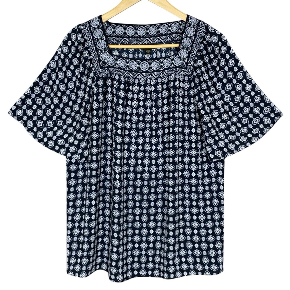 J.Jill Wearever Blue Geometric Medallion Square Neck Top XLT Boho Coastal Casual